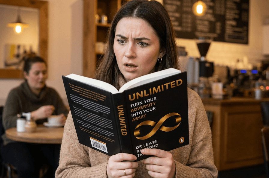 Reader with UNLIMITED in a cafe